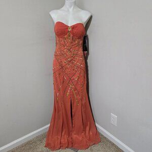 12 (fits ~8) NWT Rivá Designs 7382 Clay Orange Chiffon Strapless Gown Sequins